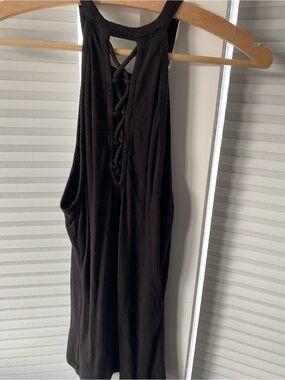 Guess Black Ribbed Tank with Braided Lace-Up Back